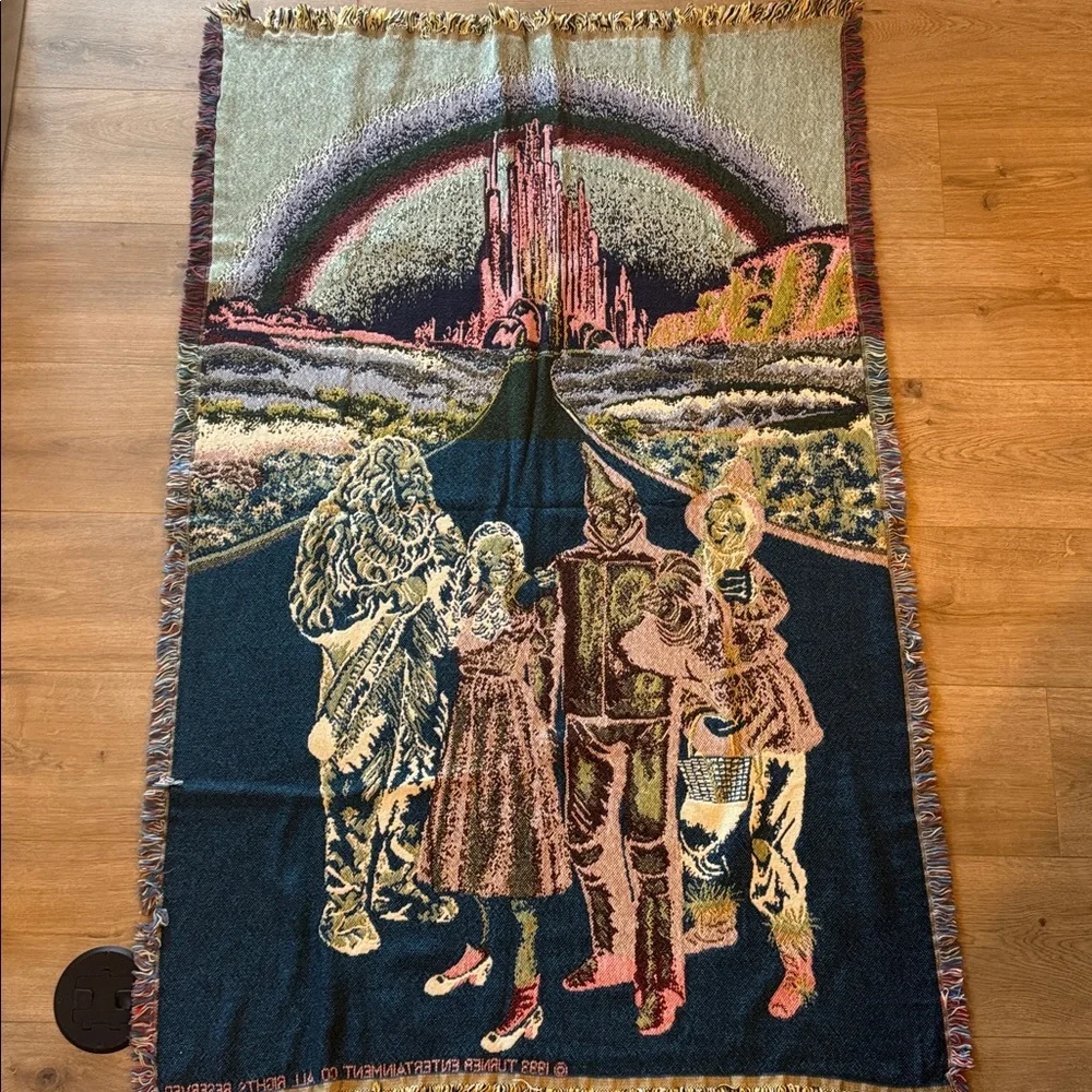 Vintage 1993 Turner Wizard of Oz Woven Tapestry Throw Blanket Yellow Brick Road